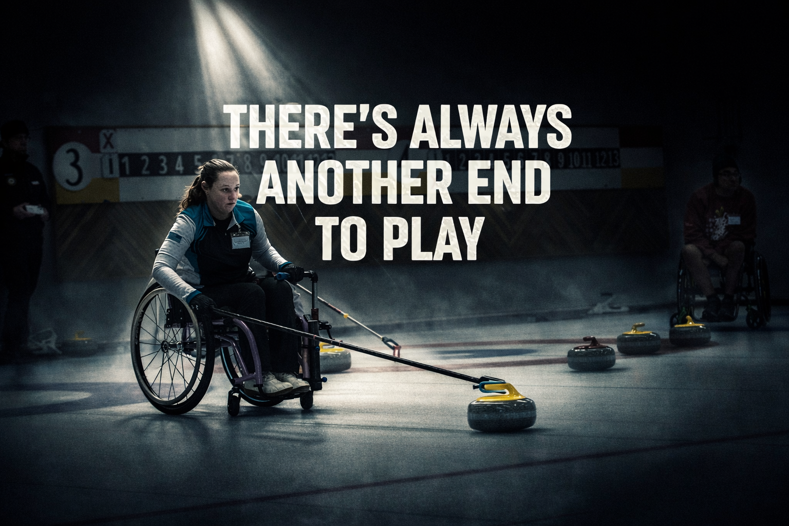 Person in a wheelchair curling on an ice rink with motivational quote.